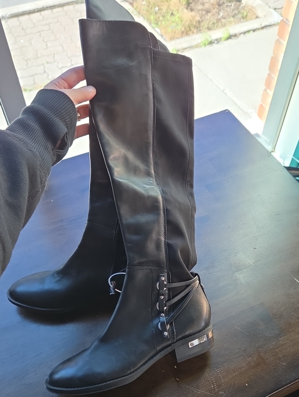 Vince Camuto Size 5.5 Black Tall Women’s Leather Boots with Decorative Buckle